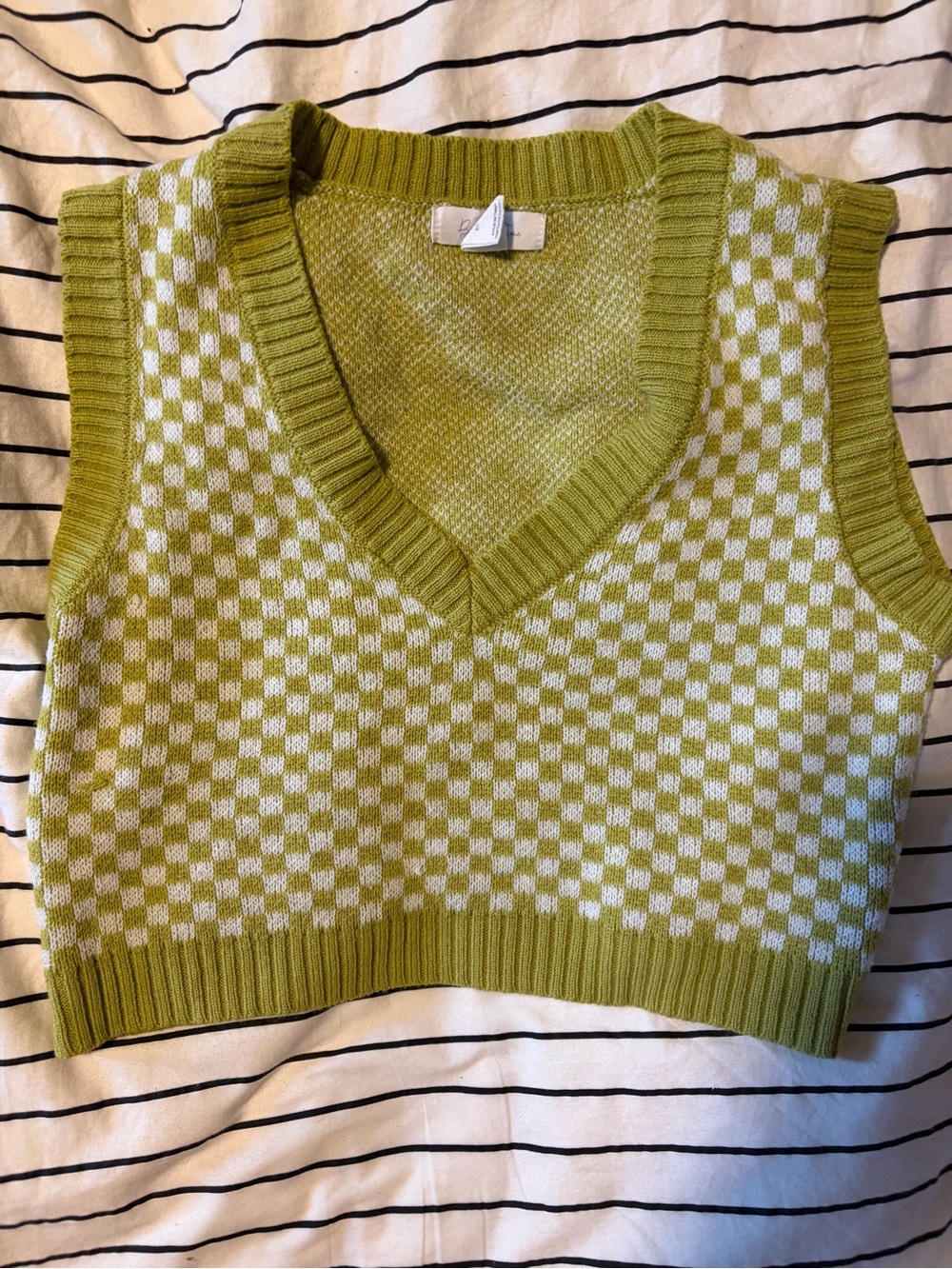Checkerboard V-Neck Sweater Vest in Abocado Green and Cream
